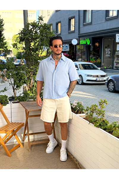 manch collection Box Mold Crinkle Short Sleeve Linen Shirt Baby Blue