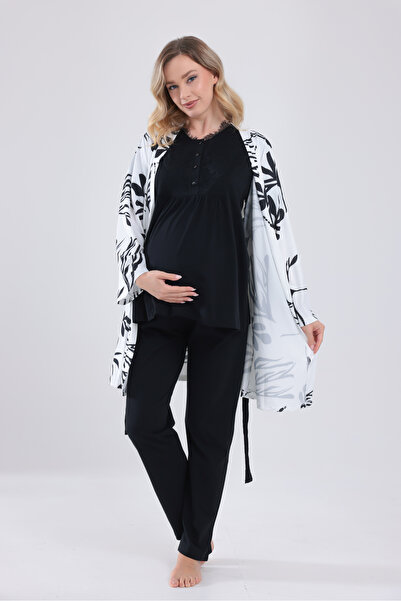 Yulem Homewear طقم بيجامة للحوامل من القطن بنسبة 100% بتصميم دانتيل أسود خاص ...