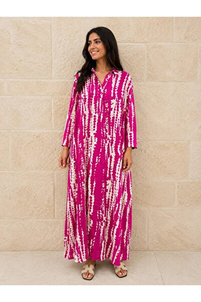 AGORATEKSTİL Women's Patterned Long Sleeve Viscose Fabric 3-Button Dress 40-46