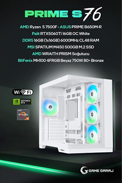 Game Garaj Prime S76 AMD R5 7500F 16GB RAM 500GB SSD RTX5060Ti 16GB FreeDOS O...
