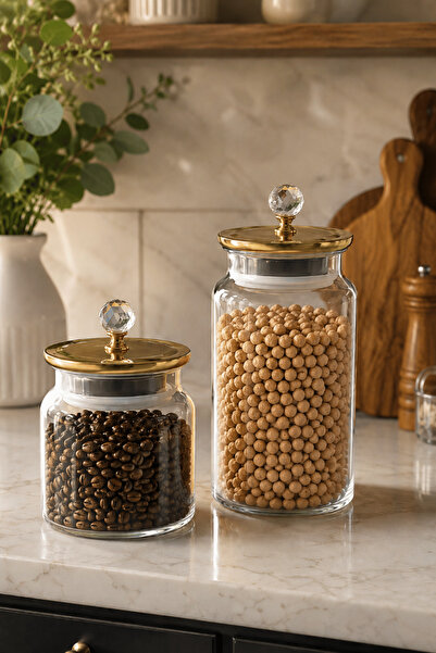 Jenisa Set of 2 Gold Metal Lid Vacuum Glass Jars 900 ml + 1400 ml Food Storag...