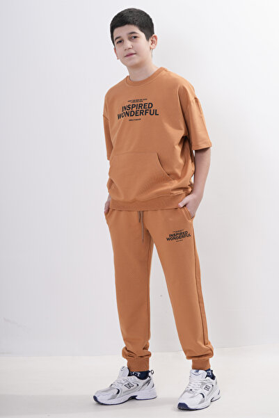 HayKids Short Sleeve Pocketed Children's Tracksuit Set Orange Color Two Threa...