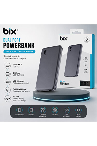 10000 mAh Slim Powerbank 20W PD Hızlı Şarj USB-C Çift Port Metal Gövde Taşınabilir Şarj Cihazı Siyah