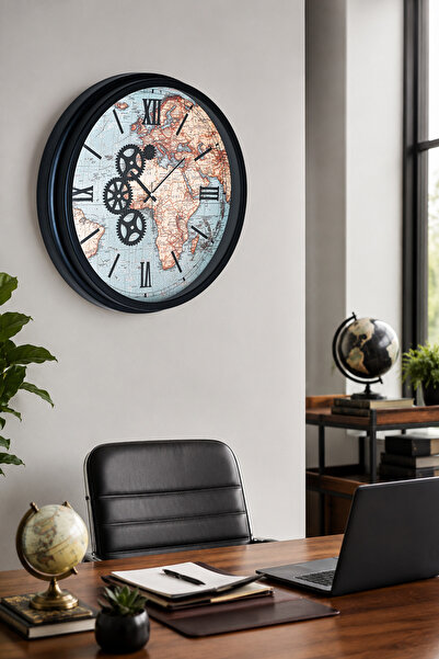 Muyika Design Büyük Duvar Saati 55 cm Katlı Kasa Çarklı MUYİKA Hareketli Mekanik İskelet Sessiz Akar Roma Rakamlı Salon- Atlas Renkli 55