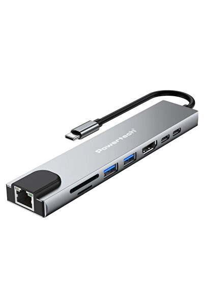 POWERTECH docking station PT-1536, 8 θυρών, USB-C σύνδεση, 87W PD, 100Mbps, γκρι