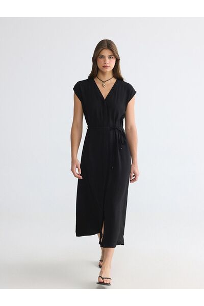 LC Waikiki Lcw Everyday Black V-Neck Belted Waist Textured Dress