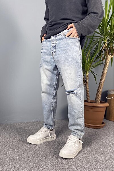 Alışveriş Sokağı Ice Blue Ripped Detailed Jean Denim Trousers