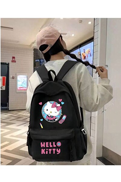 Minga London Rucsac negru cu imprimeu Hello Kitty pentru școală, birou și cur...