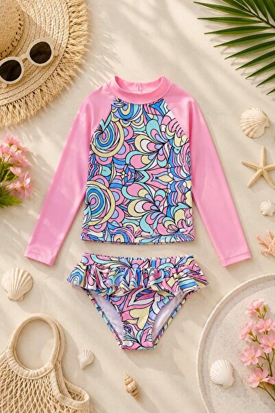 DeKuBaby New Season Patterned Sun Protection Long Sleeve, Crop Top, Ruffled M...