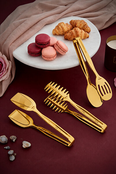 Seral Table Ready Set of 3 Steel Tongs Gold