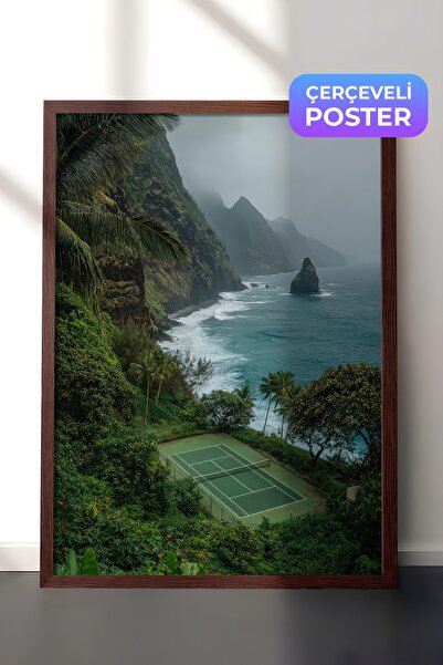 Postifull Tenis Kortu ve Manzara Posteri, Kahverengi Çerçeveli Poster, Old Mo...