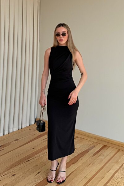 Laluvia Black Draped Slit Dress - 4114