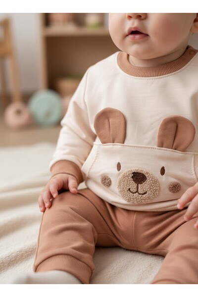 Mou&Kou Baby Eared Pocketed Cotton Combed Sweatshirt Pants Set 9-12-18 Months