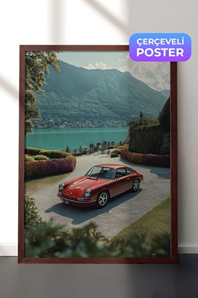 Postifull Plakat sa crvenim automobilom i planinskim pejzažom, plakat u smeđe...
