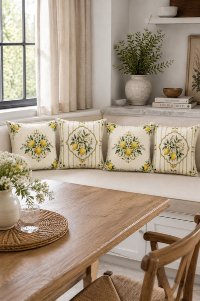 Bebişim Halı Cream Lemon Flower Patterned Set of 4 Decorative Throw Pillow Co...