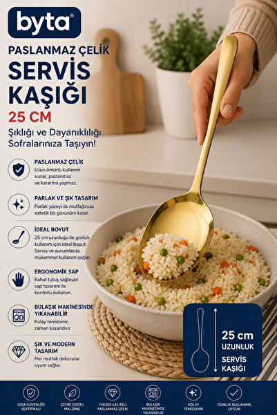 BYTA Paslanmaz Çelik Servis Kaşığı 25 cm Altın Renk Büyük Boy Mutfak Servis K...