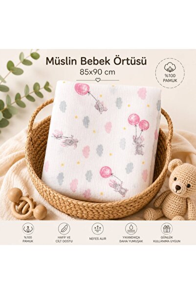 Çok Amaçlı Bebek Müslin Örtü %100 Pamuk Pembe Balonlu Tavşan 85x90 cm