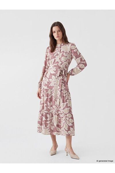 LC Waikiki Lcw Modest Pink High Collar Patterned Belted Layered Dress