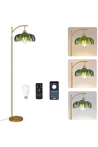 Generic Gold Arc Floor Lamp with Green Glass Flower Shade, Dimmable, Height A...