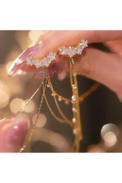 Takıtolia Serene - Gold Colored Long Dangle Crystal Jewelled Earrings