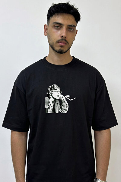 Anetos W Bandana Design Printed Oversize Black T-Shirt