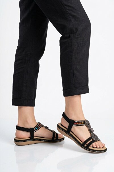 Ewoll Black Patterned Embroidered Women's Flat Sandals