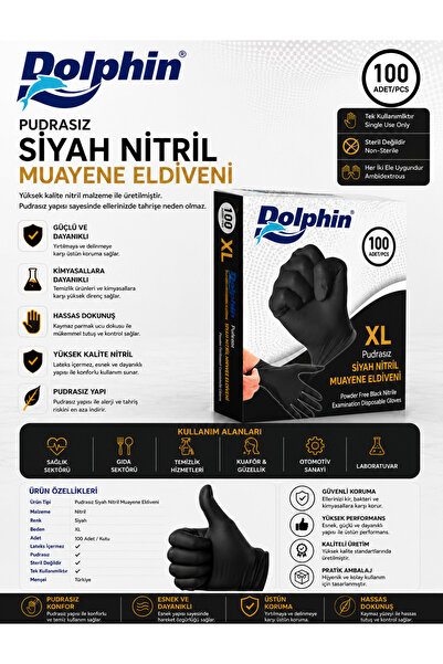 Dolphin Pudrasız Siyah Nitril Muayene Eldiveni – XL Beden | 100 Adet