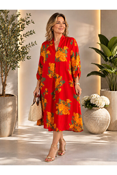 MENSAR OTANTİK Pleated front viscose dress with rose detailing. standard size...