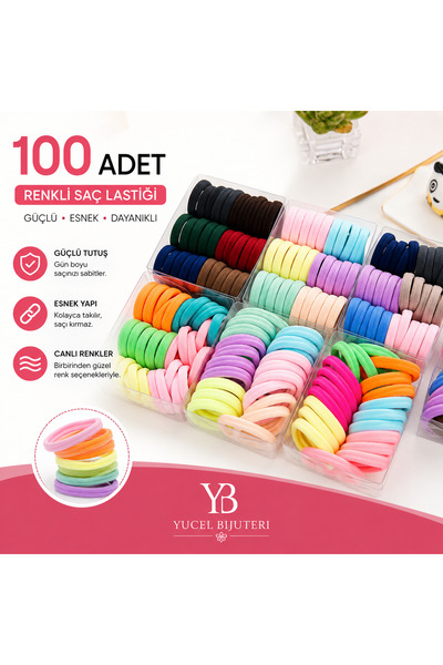 yücel bijuteri Kadın 100'lü Renkli Saç Lastik Toka Seti