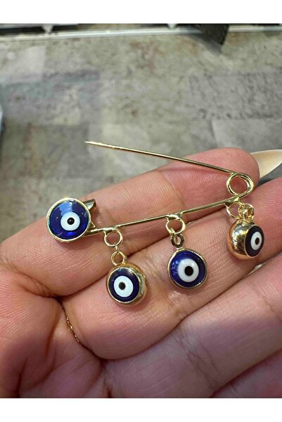 Serap Yılmaz Sahi Plated Three Evil Eye Beads Dangle Baby Lapel Pin 5 cm Tysy...