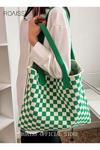 ROAISS Women Checkered Knitted Bag, Large Capacity Shoulder Bag, Stylish Casu...