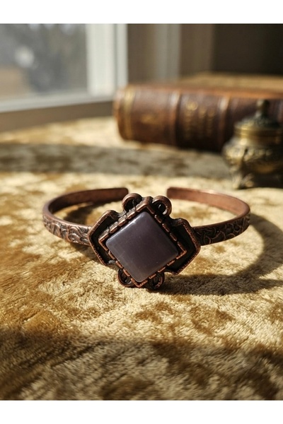 Meneva Aksesuar Geometric Cut Authentic Adjustable Copper Bracelet with Ameth...