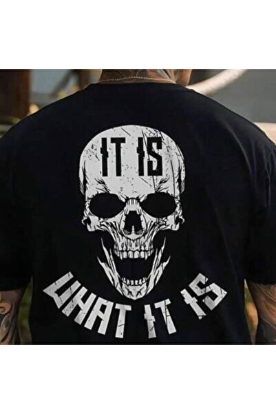 17 seramik Skull Graphic Black T-Shirt with 'IT 'WHAT IT IS' Text - Stylish C...