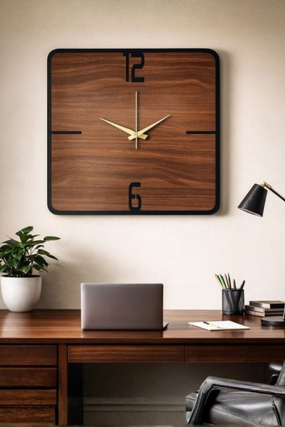 Nera Tasarım Decorative Square Wall Clock Wooden Modern Silent Mechanism Home...
