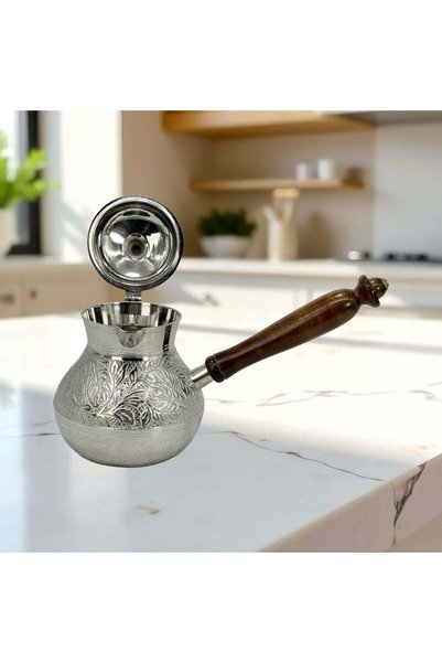 Al Athar Arts Brass Turkish Coffee Warmer Pot with Lid – Hand Engraved Silver Plated(H:5.5"W:4"Capacity:500ml)