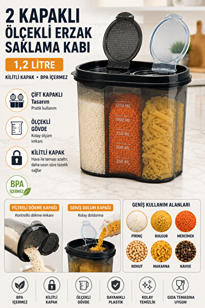 Hane Dostu 2 Kapaklı Ölçekli Erzak Saklama Kabı 1,2 Litre Kilitli Bakliyat Pi...