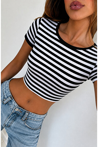 ÖZ PAMUK Cotton Soft Textured Camisole Fabric Crop Short Sleeve Crewneck Bluz...