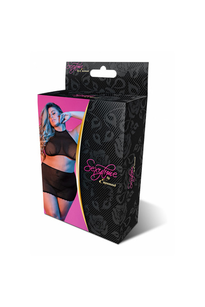 Magic Silk Set cu top halter și fustă din plasă cu buline - 2XL - Negru