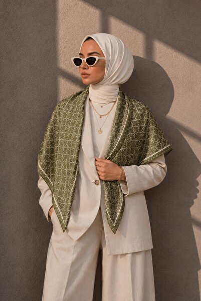 AFVENTE Minimal Geometry Pattern Khaki-Beige Soft Foulard Scarf 90X90 cm