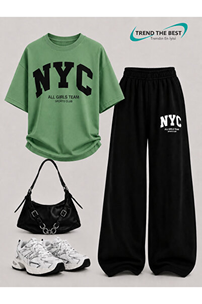 TREND THE BEST Trendin En İyisi Summer Girls Boys Unisex Kids Nyc Printed Black Sweatpants and T-Shirt