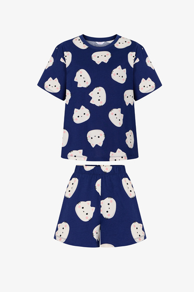 Penti Lacivert Happy Cats Şort Pijama Takımı