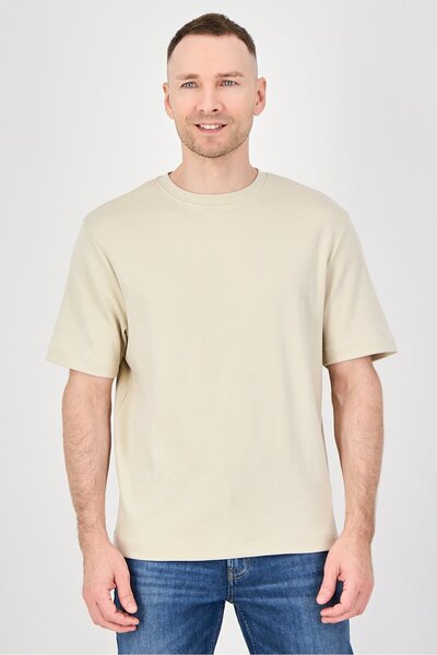 Plenum Studio Men Crew Neck Short Sleeve Solid T-Shirt, Beige
