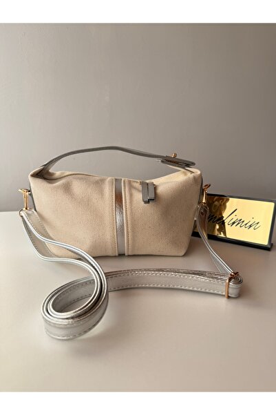 emelimin Women's Silver Canvas Leather Detailed Shoulder Bag Striped Classic ...