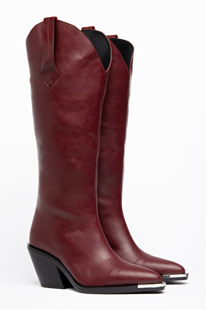 DENORA Burgundy Matte Leather Metal Toe Cap Below the Knee Flat Western Cowbo...