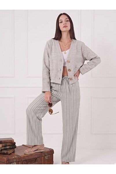 Flubutik Gray Striped Adjustable Waist Linen Cotton Trousers