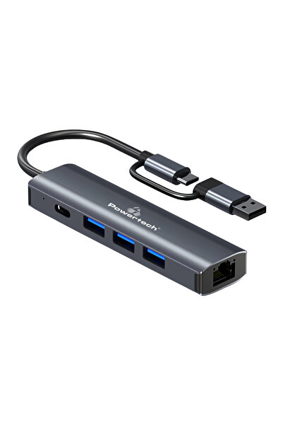 POWERTECH USB hub PTR-0150 με θύρα δικτύου, 4 θυρών, USB & USB-C, γκρι