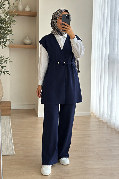 FERHEL Set de pantaloni și vestă cu șireturi, cu nasturi, pentru femei - Bleu...