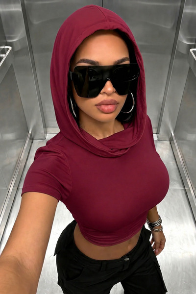 Tarz Cool Women's Hooded Crop Blouse Short Sleeve Stretchy Fabric T-Shirt
