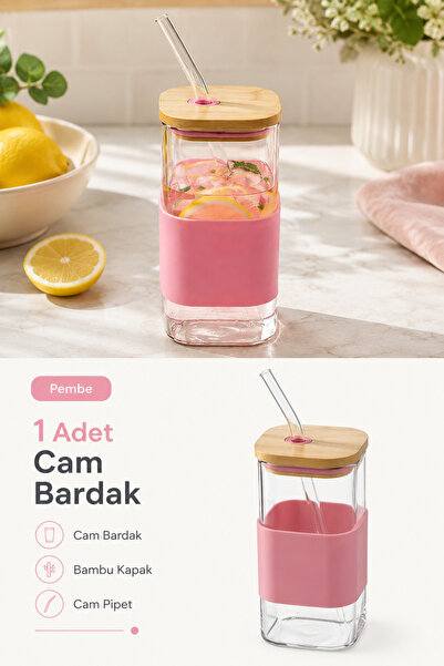 Poomy Bambu Kapaklı Cam Pipetli Bardak Silikon Kılıflı Soğuk Kahve ve Meşruba...