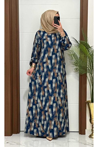 MODA ALMİRA 1880 K 120 PETROL FIRCA DESEN CEPLİ VİSKON ELBİSE